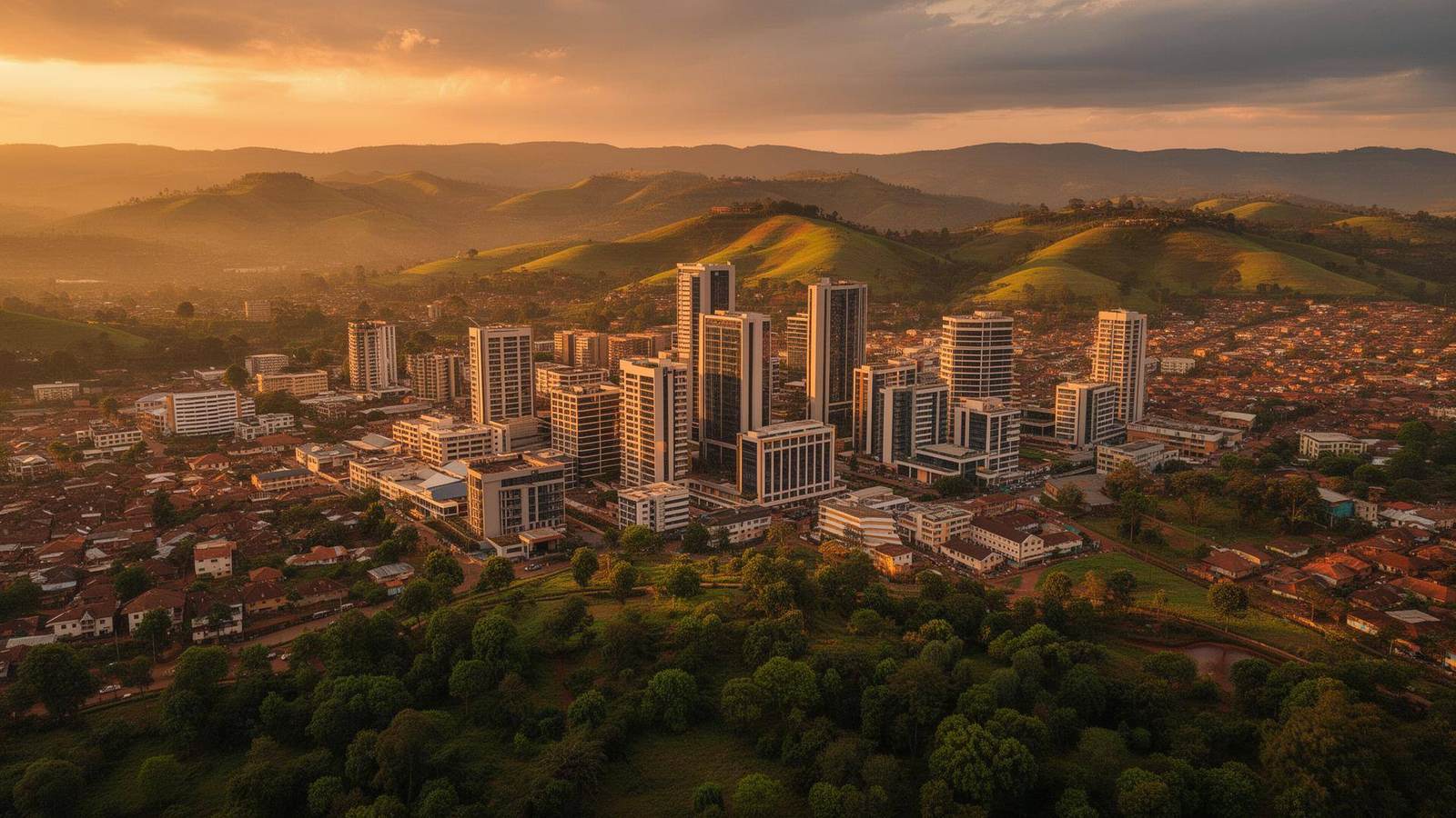 Aerial view of Kigali skyline at golden hour