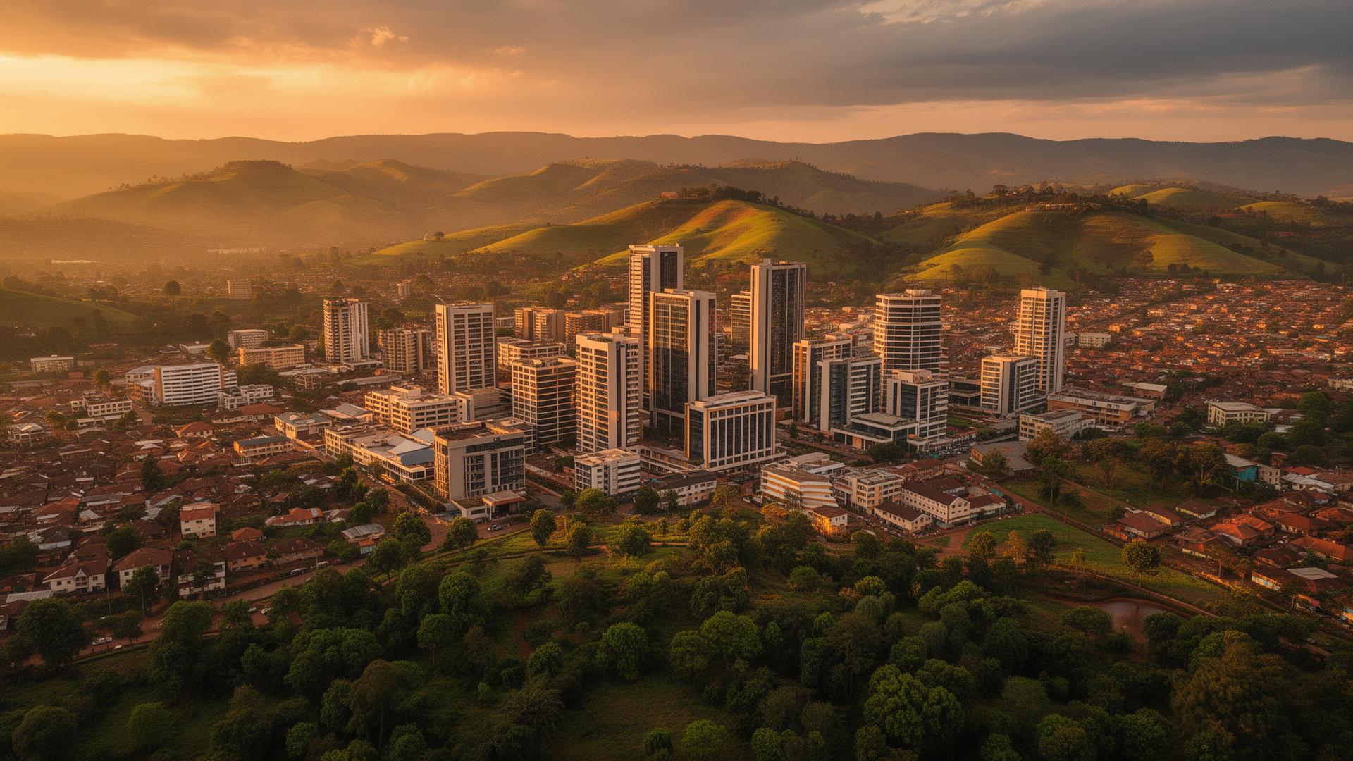 Aerial view of Kigali skyline at golden hour